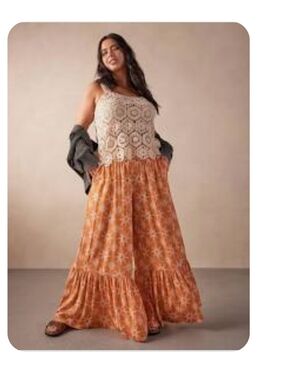 Boho Wide-Leg Jumpsuit in Rust Orange Print plus size 4xl EC